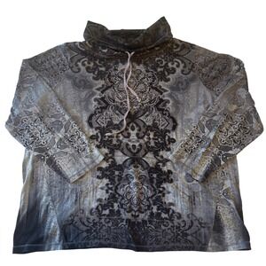 Y2K World Unity Women's Rhinestone Damask Cowl‎ Neck Long Sleeve Top Size 2X